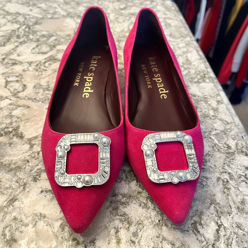 Kate Spade Buckle Up Pink Suede pointed toe flats shoes size 7.5 - like NEW